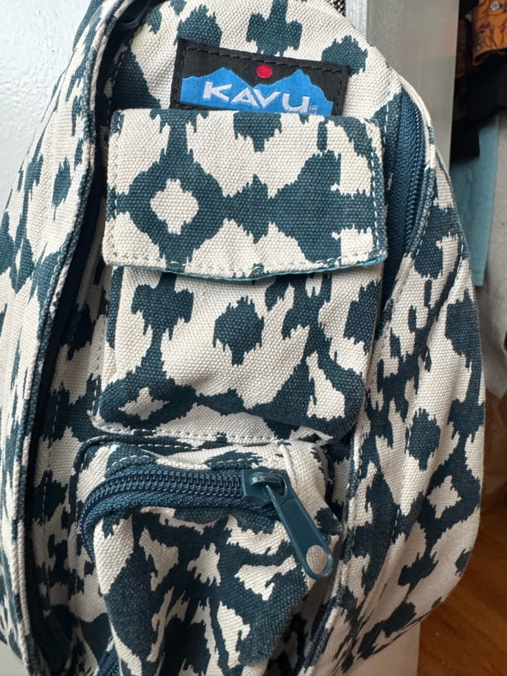 KAVU Rope Sling Bag Blue Blot Ikat Print Cotton Canvas Crossbody Backpack